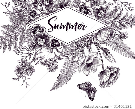 Vintage frame with garden flowers. Engraving. Vintage frame with garden flowers. Engraving. 31401121