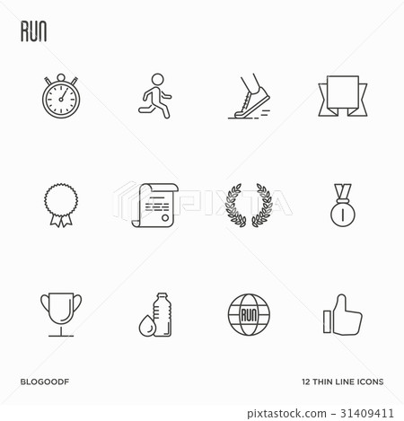 Set of running competition thin line icons. - Stock Illustration ...