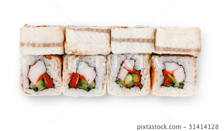 Set of unagi eel rolls isolated on white, closeup 31414128