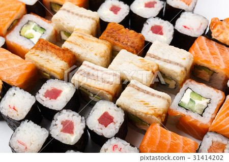 Set of sushi, maki and rolls background 31414202