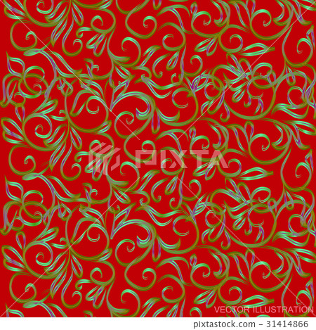 Red background with green floral ornament. Vector 31414866