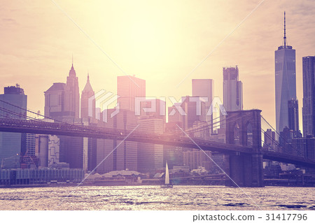 Sunset over Manhattan and Brooklyn Bridge, NYC. 31417796