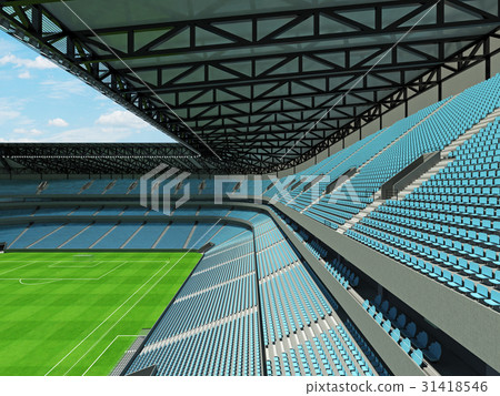 Large soccer football Stadium with sky blue seats 31418546