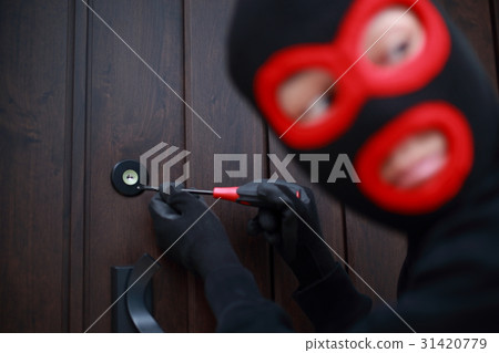One man (Residential invasion thief crime criminal illegal culprit villain stolen cigarette hat disguised suspect case criminal) 31420779