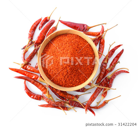 Cayenne pepper in wood bowl on white background Cayenne pepper in wood bowl on white background 31422204