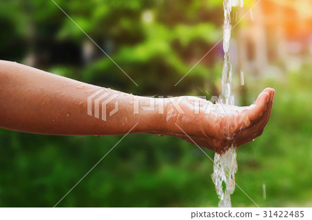 Water pouring splash in hand and nature background 31422485