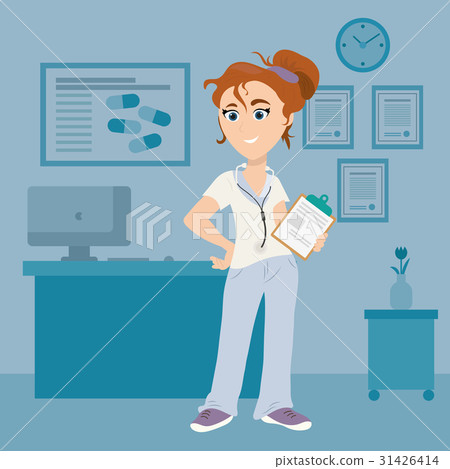 Female doctor with clipboard in medical room Female doctor with clipboard in medical room 31426414
