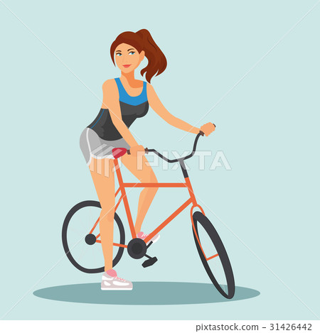 Adult young woman riding bicycles Adult young woman riding bicycles 31426442