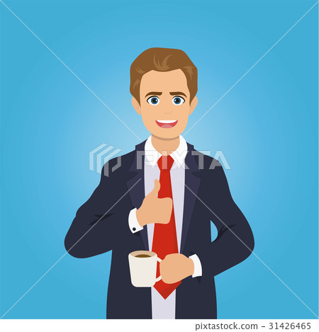 Businessman gives the thumbs up, drinking coffee Businessman gives the thumbs up, drinking coffee 31426465