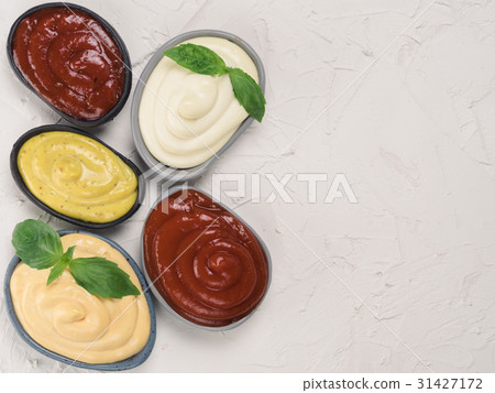 classic sauces set on white concrete background classic sauces set on white concrete background 31427172