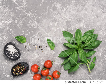 food background with basil, tomatoes, spices 31427175