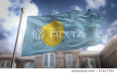Palau Flag 3D Rendering on Blue Sky Building Palau Flag 3D Rendering on Blue Sky Building 31427765