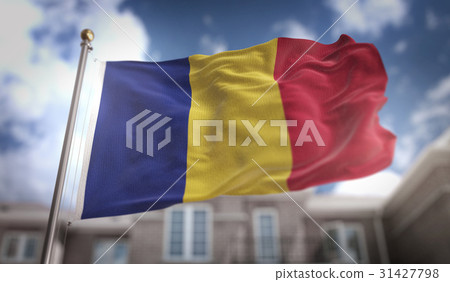 Romania Flag 3D Rendering on Blue Sky Building 31427798