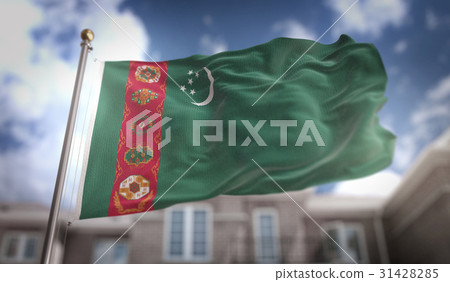 Turkmenistan Flag 3D Rendering on Blue Sky 31428285