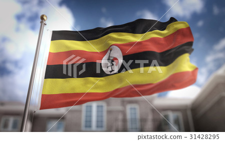 Uganda Flag 3D Rendering on Blue Sky Building 31428295
