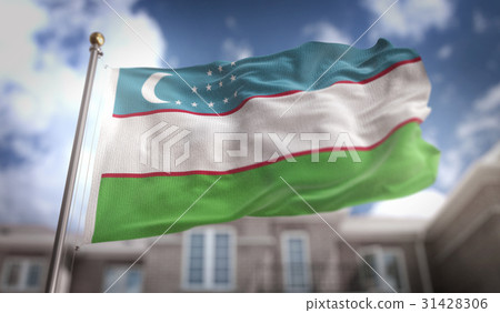 Uzbekistan Flag 3D Rendering on Blue Sky 31428306