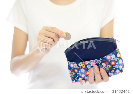Hands holding british coin and small money pouch 31432441