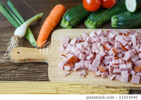 Pieces of chopped ham on wooden plate Pieces of chopped ham on wooden plate 31433640