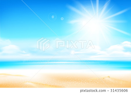 Sand beach over blur sea and sky with sun light fl 31435606