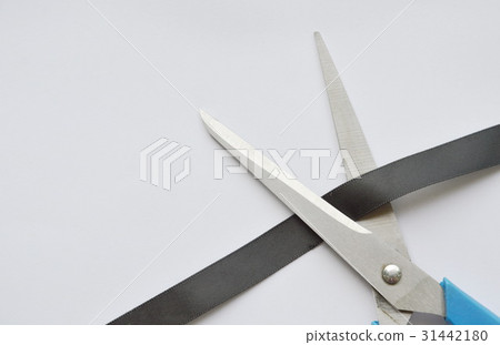 scissors blade cutting black cloth ribbon  31442180