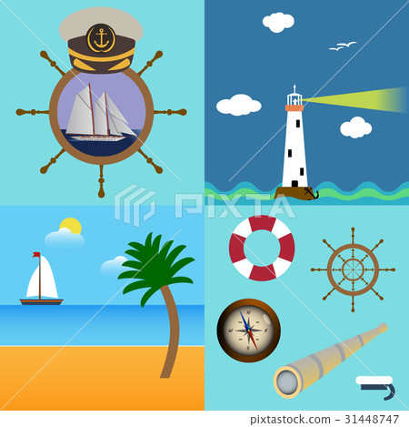 Four sea set with description of lighthouse, boat Four sea set with description of lighthouse, boat 31448747