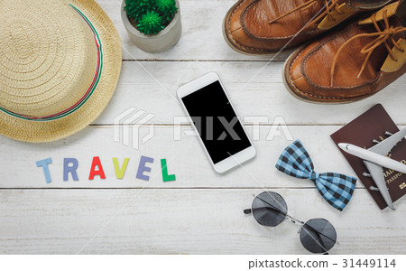 Top view essential accessories to travel. 31449114