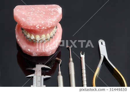 Jaw or teeth model with dental braces and tools 31449830