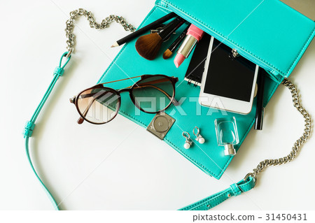 Woman handbag with makeup, cellphone Woman handbag with makeup, cellphone 31450431