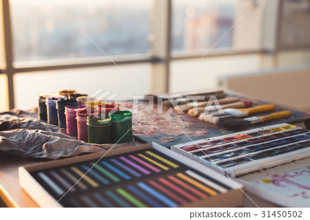 Painter workplace. Palette with brushstrokes and Painter workplace. Palette with brushstrokes and 31450502
