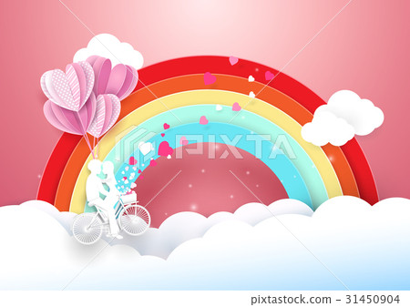 Sweet couple on bicycle with rainbow and clouds 31450904
