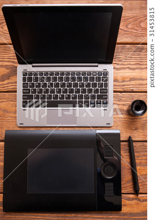 Workspace graphic designer top view. Workspace graphic designer top view. 31453815