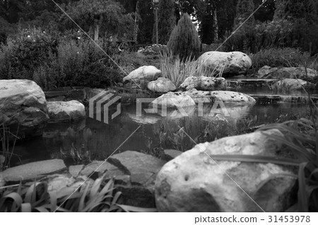 image of beautiful pond with big boulders 31453978