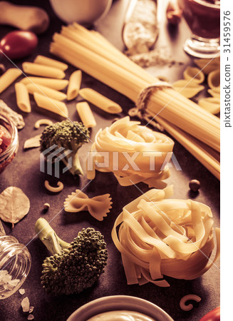 pasta and food ingredient on table 31459576