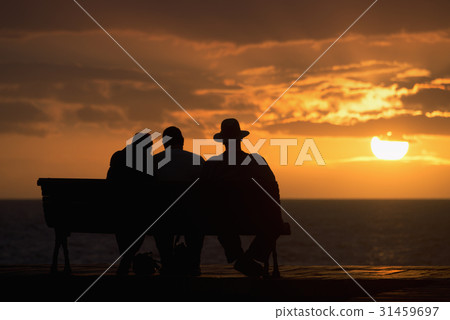 Silhouette of a group sits on the bench 31459697