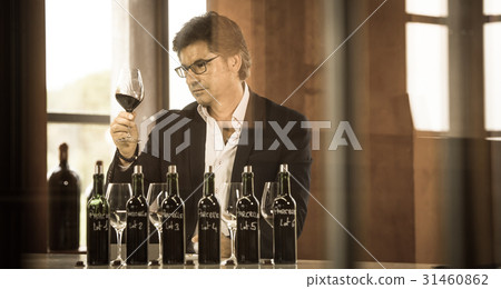 Portrait confidant vintner drinking red wine in winery Portrait confidant vintner drinking red wine in winery 31460862