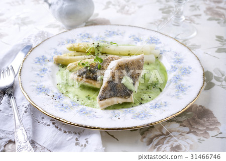 Zander Filet with White Asparagus on Plate 31466746