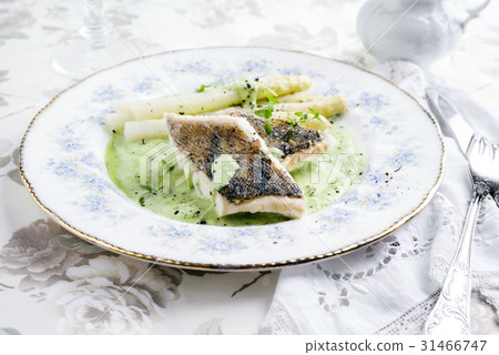 Zander Filet with White Asparagus on Plate 31466747