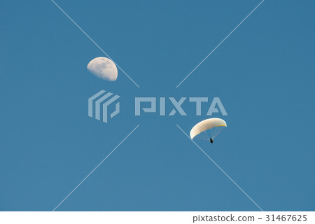Paragliding with the moon in the blue sky  31467625