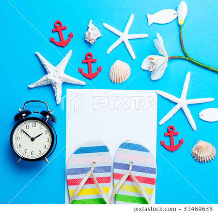 sandals, sheet of paper, starfishes, seashells sandals, sheet of paper, starfishes, seashells 31469638