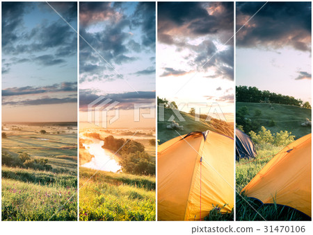 Orange tent on hill above the river 31470106