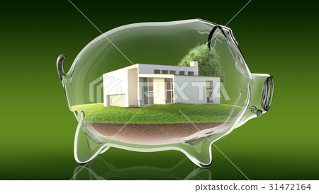 Home inside transparent piggy bank. 3d rendering 31472164