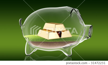 Golden bars inside transparent piggy bank. 3d 31472231