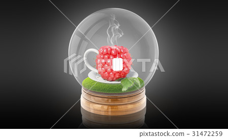Transparent sphere ball with raspberry cup of tea 31472259