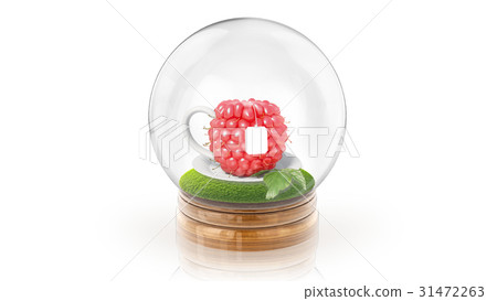 Transparent sphere ball with raspberry cup of tea 31472263