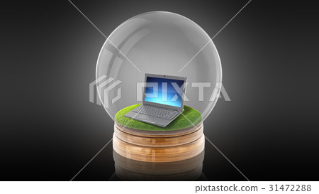 Transparent sphere ball with a laptop inside. 3D 31472288