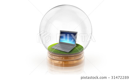Transparent sphere ball with a laptop inside. 3D 31472289