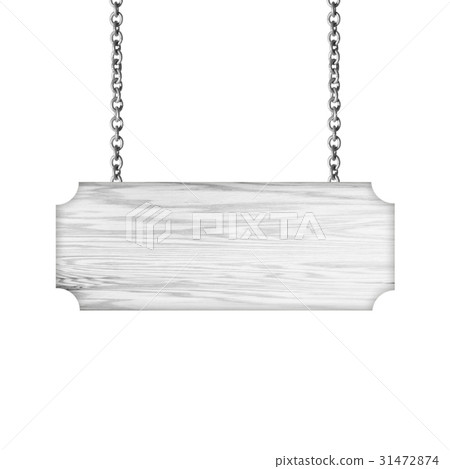 Wooden sign hanging on a chain isolated on white 31472874