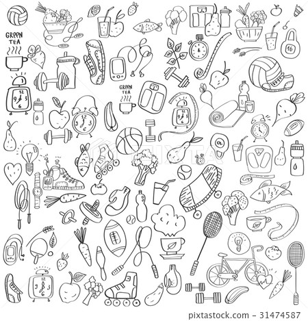 Hand drawn sport equipment and food doodles Hand drawn sport equipment and food doodles 31474587