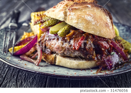 Barbecue Hamburger with Vegetable and Chili Relish 31476056