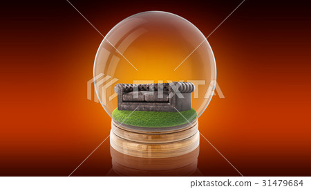 Transparent sphere ball with a sofa inside. 3D Transparent sphere ball with a sofa inside. 3D 31479684